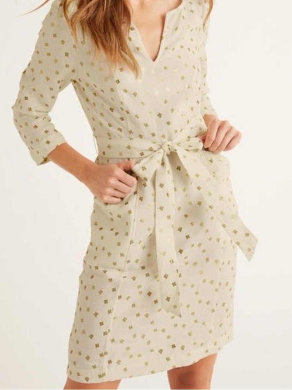 NWT Boden linen Kelsey cream gold metallic floral tie waist tunic dress sz US 6P